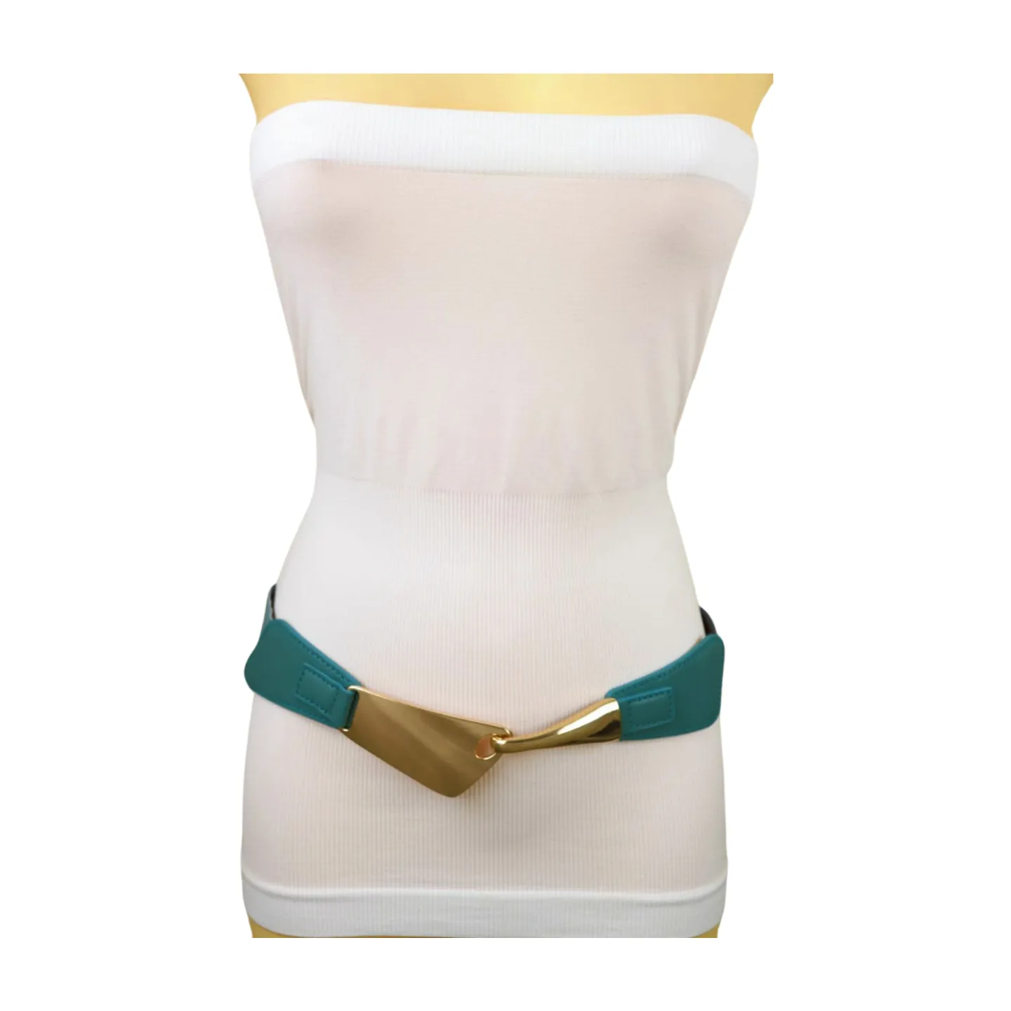 Women Teal Mint Blue Elastic Waistband Fashion Belt Gold Metal Hook Buckle S M