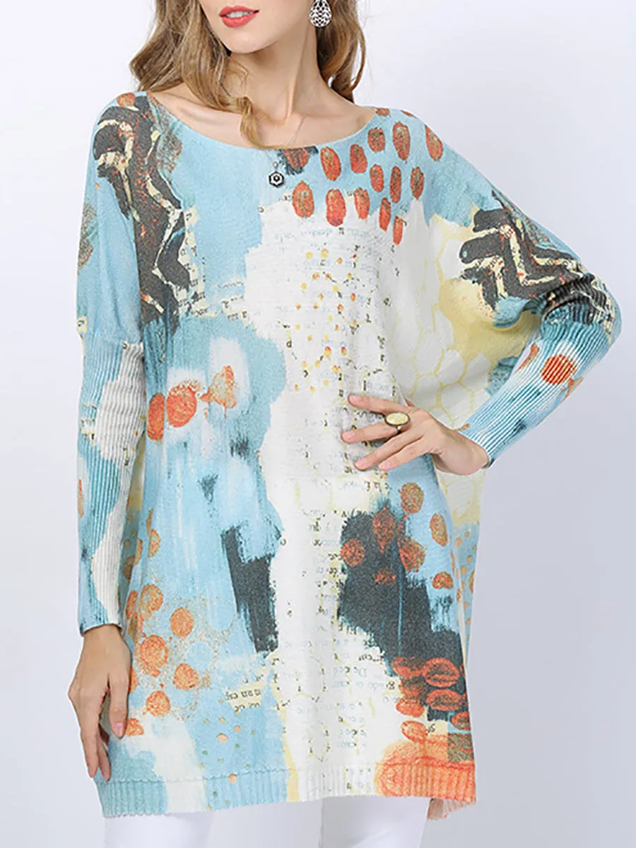 Women Winter Casual Print Pullover Knitted Long Sweater