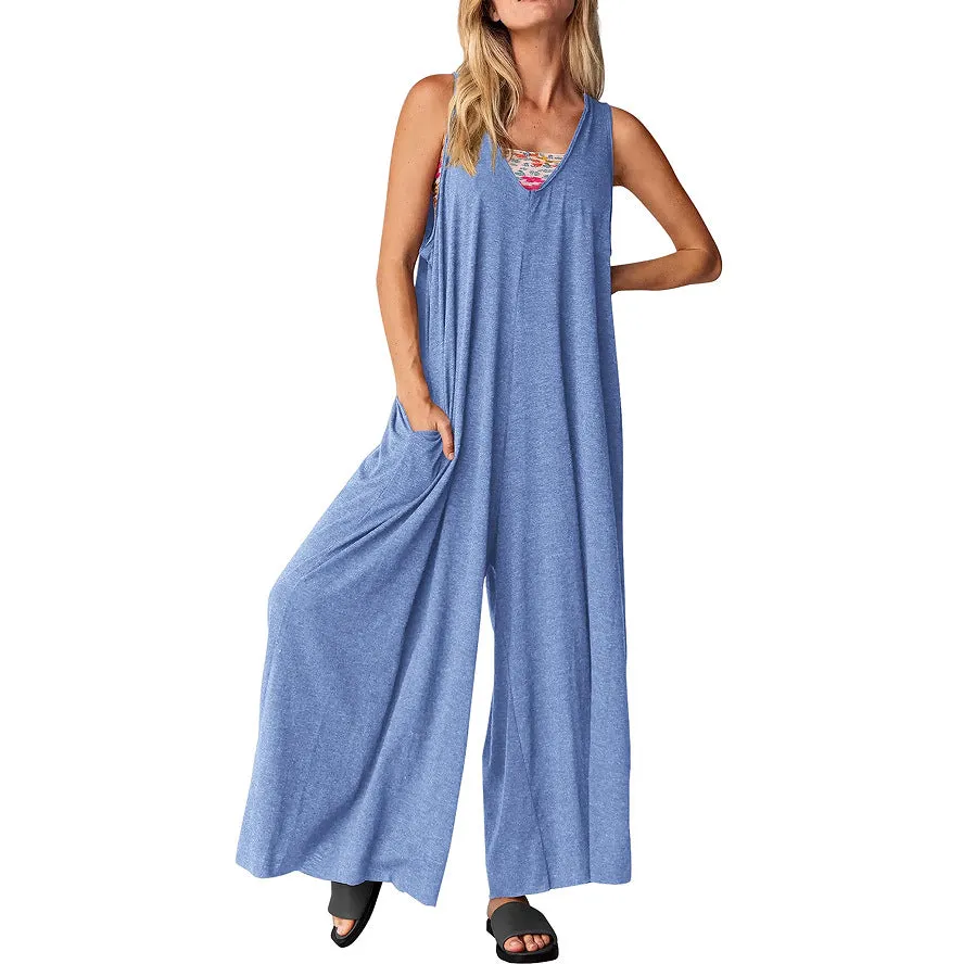 Women's Casual Summer Loose Jumpsuit with Sleeveless Vest, V-Neck and Wide-Leg C-240706-2