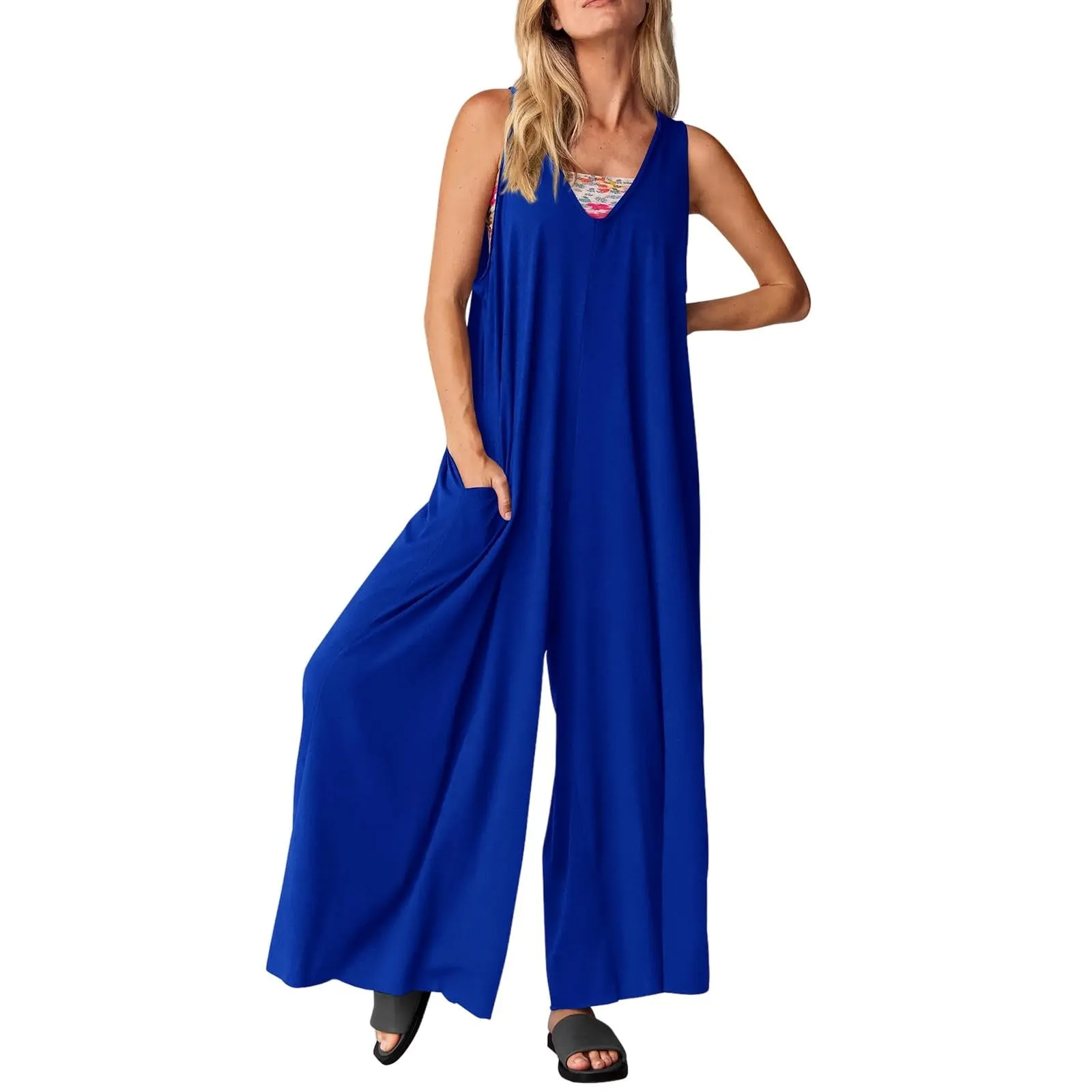 Women's Casual Summer Loose Jumpsuit with Sleeveless Vest, V-Neck and Wide-Leg C-240706-2