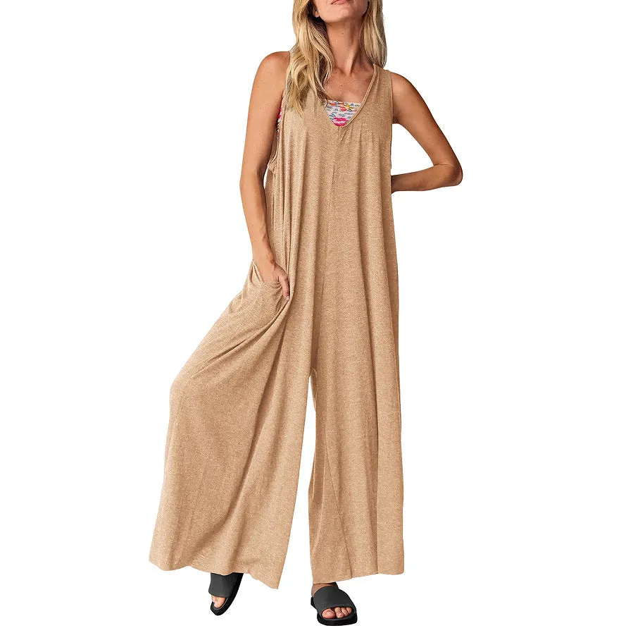 Women's Casual Summer Loose Jumpsuit with Sleeveless Vest, V-Neck and Wide-Leg C-240706-2