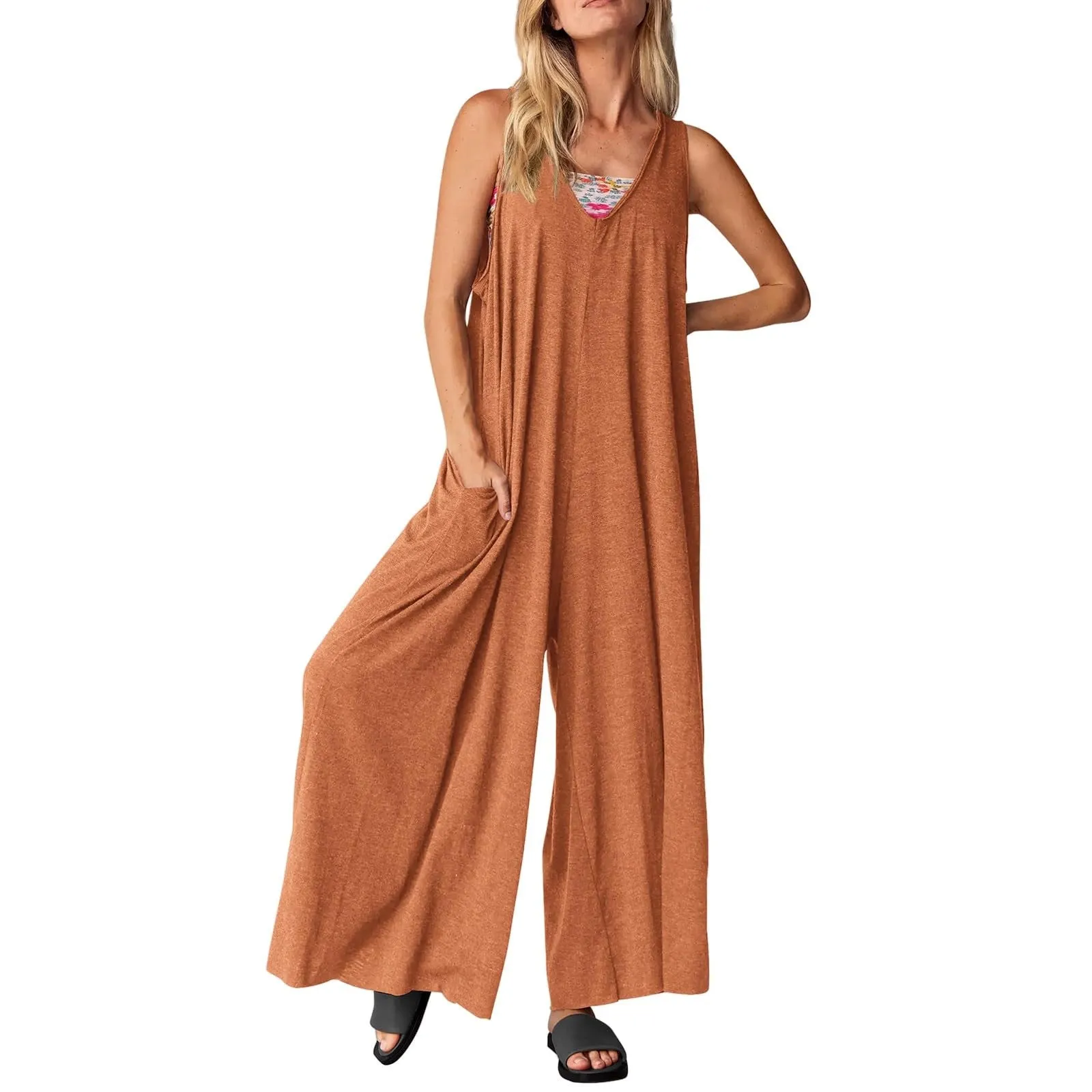 Women's Casual Summer Loose Jumpsuit with Sleeveless Vest, V-Neck and Wide-Leg C-240706-2