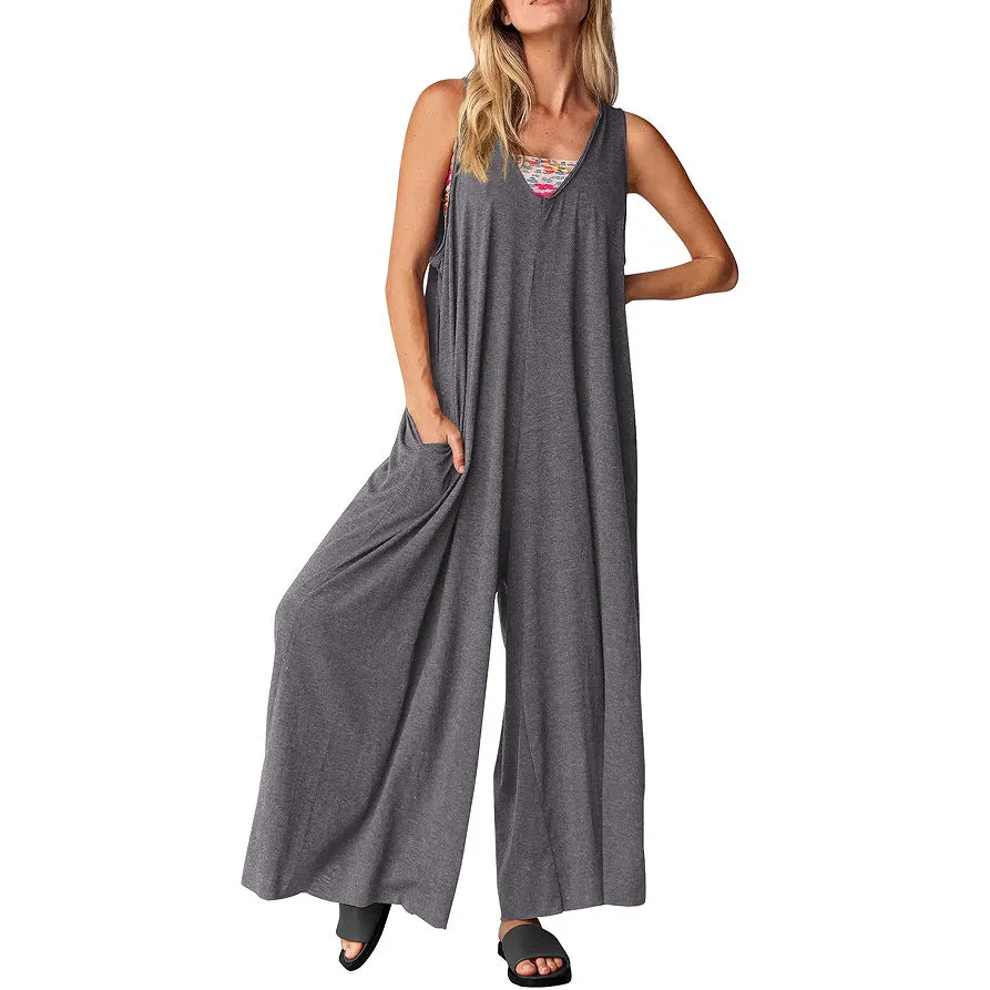 Women's Casual Summer Loose Jumpsuit with Sleeveless Vest, V-Neck and Wide-Leg C-240706-2