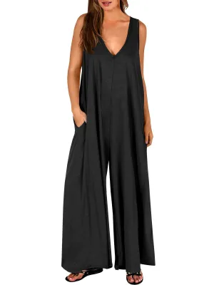 Women's Casual Summer Loose Jumpsuit with Sleeveless Vest, V-Neck and Wide-Leg C-240706-2