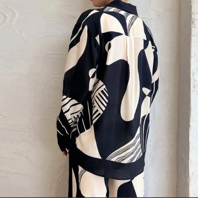 Women’s Fashionable Print Contrast Shirt and Wide-leg Pants Set