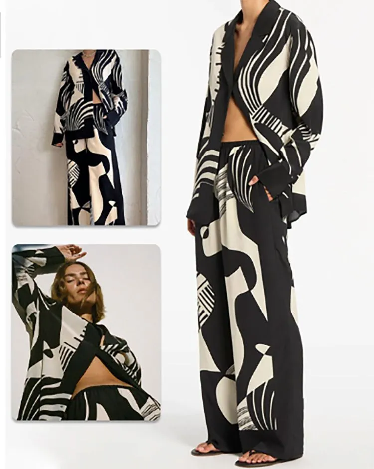 Women’s Fashionable Print Contrast Shirt and Wide-leg Pants Set