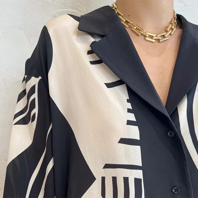 Women’s Fashionable Print Contrast Shirt and Wide-leg Pants Set