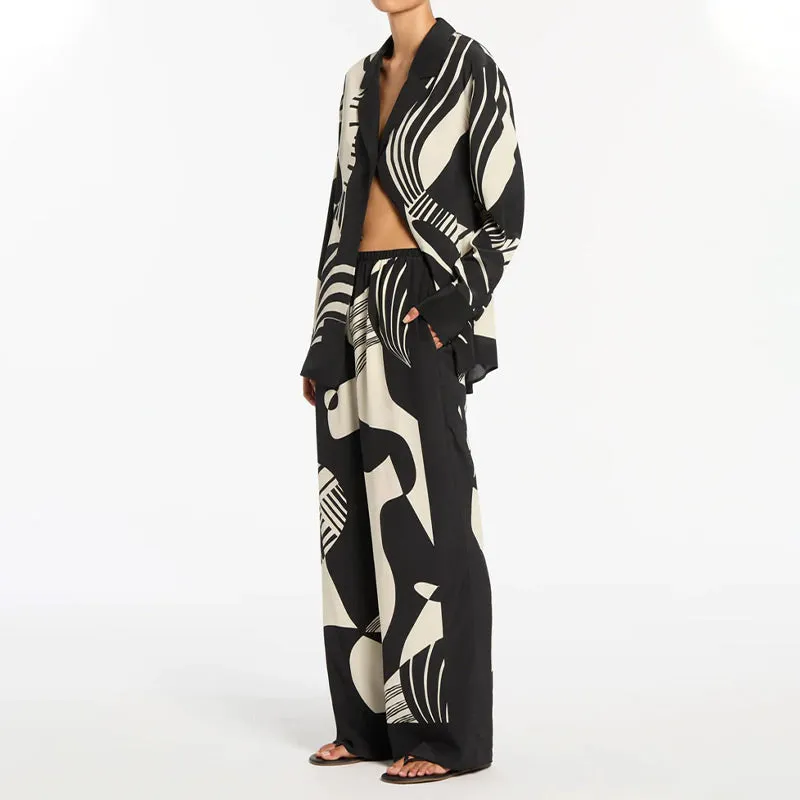 Women’s Fashionable Print Contrast Shirt and Wide-leg Pants Set