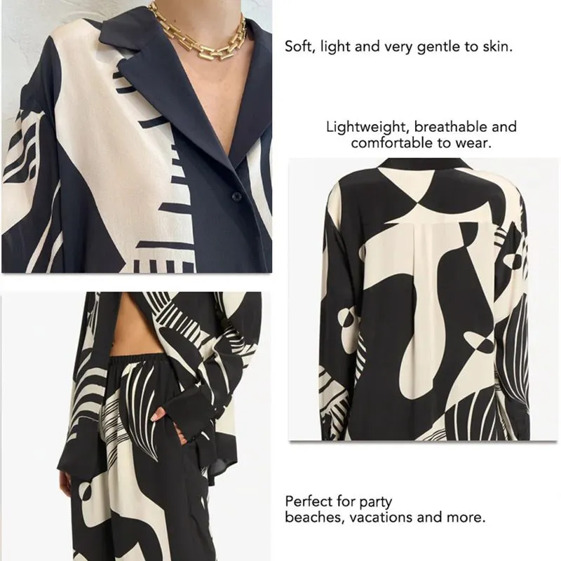 Women’s Fashionable Print Contrast Shirt and Wide-leg Pants Set