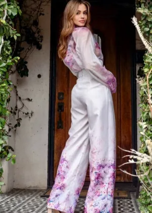 Yami – Elegant Three-Piece Floral Blouse, Belt & Wide-Leg Pants Set | Sophisticated Outfit for Women