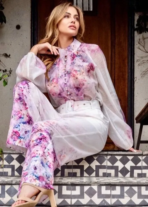 Yami – Elegant Three-Piece Floral Blouse, Belt & Wide-Leg Pants Set | Sophisticated Outfit for Women