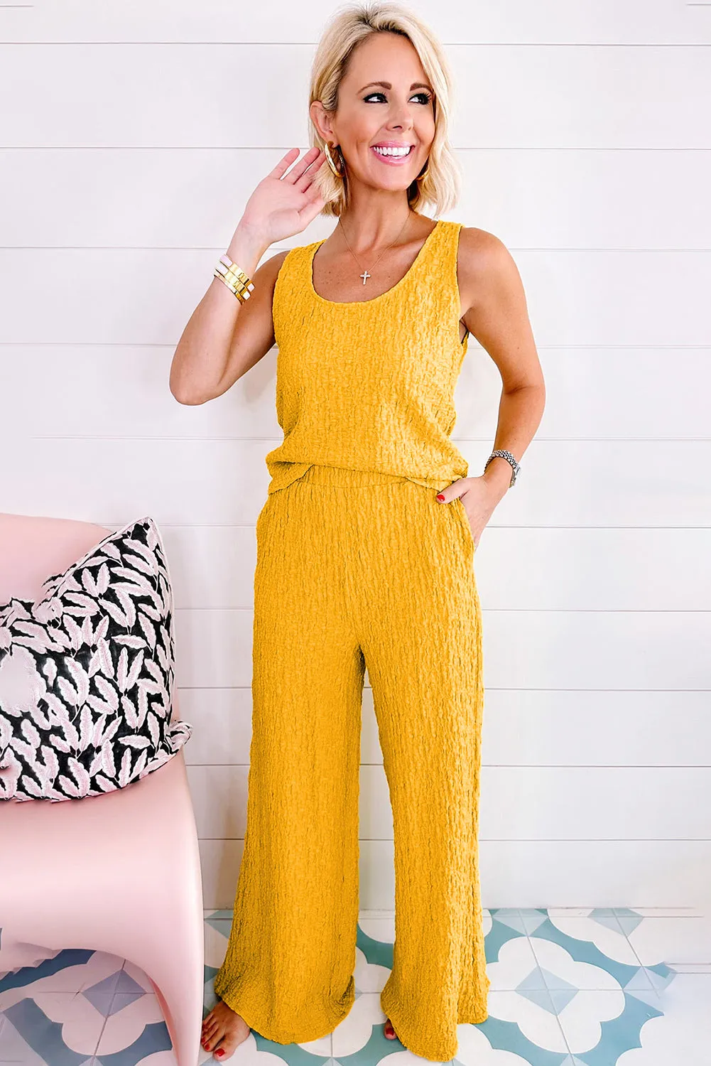 Yellow U Neck Tank Top and Wide Leg Pants Set