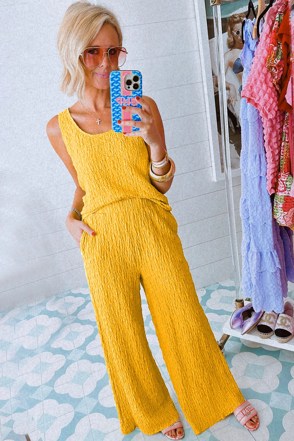 Yellow U Neck Tank Top and Wide Leg Pants Set
