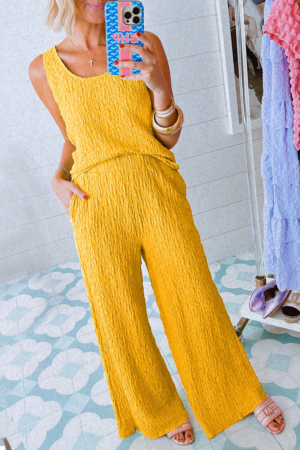 Yellow U Neck Tank Top and Wide Leg Pants Set
