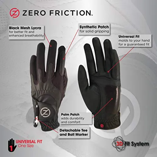 Zero Friction Male Men's Compression-Fit Synthetic Golf Glove (2 Pack), Universal Fit Black/Black, One Size